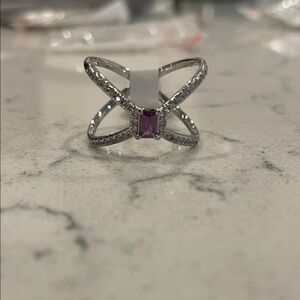 Elegant Silver Ring with Purple Accent Size 9